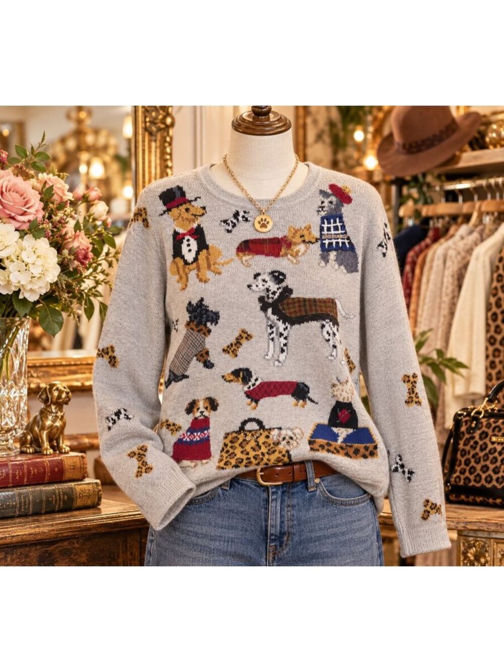 Vintage 80s 90s David Brooks Animal Dog  Leopard Print Handbag 3D Sweater